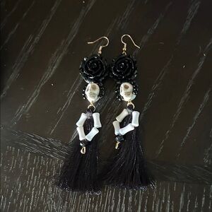 Black and White Skull Tassel Earrings